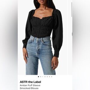 NWT! ASTR THE LABEL “Amber Puff Sleeve Smocked Blouse” in Dusty Blue